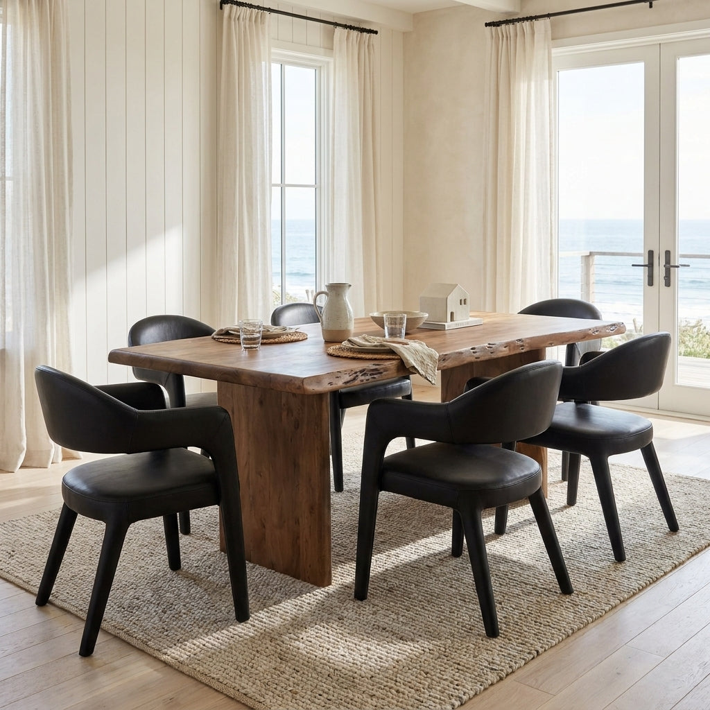 A dining set consisting of a rectangular rustic wooden table and six black upholstered chairs, styled on a woven jute rug in a bright, modern room with ocean views.