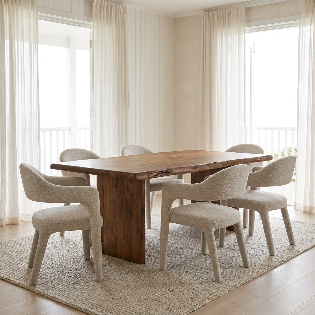A rectangular wooden dining table with a live edge, surrounded by four upholstered dining chairs in a bright, modern dining room with large windows and sheer curtains.