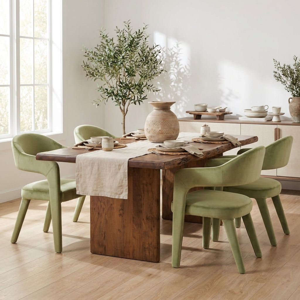 A dining room scene with a rectangular wooden table and four light sage green upholstered chairs, styled with a beige runner, plates, cups, and a ceramic vase. The room has light wood flooring, white walls, a large window, and a sideboard in the background.