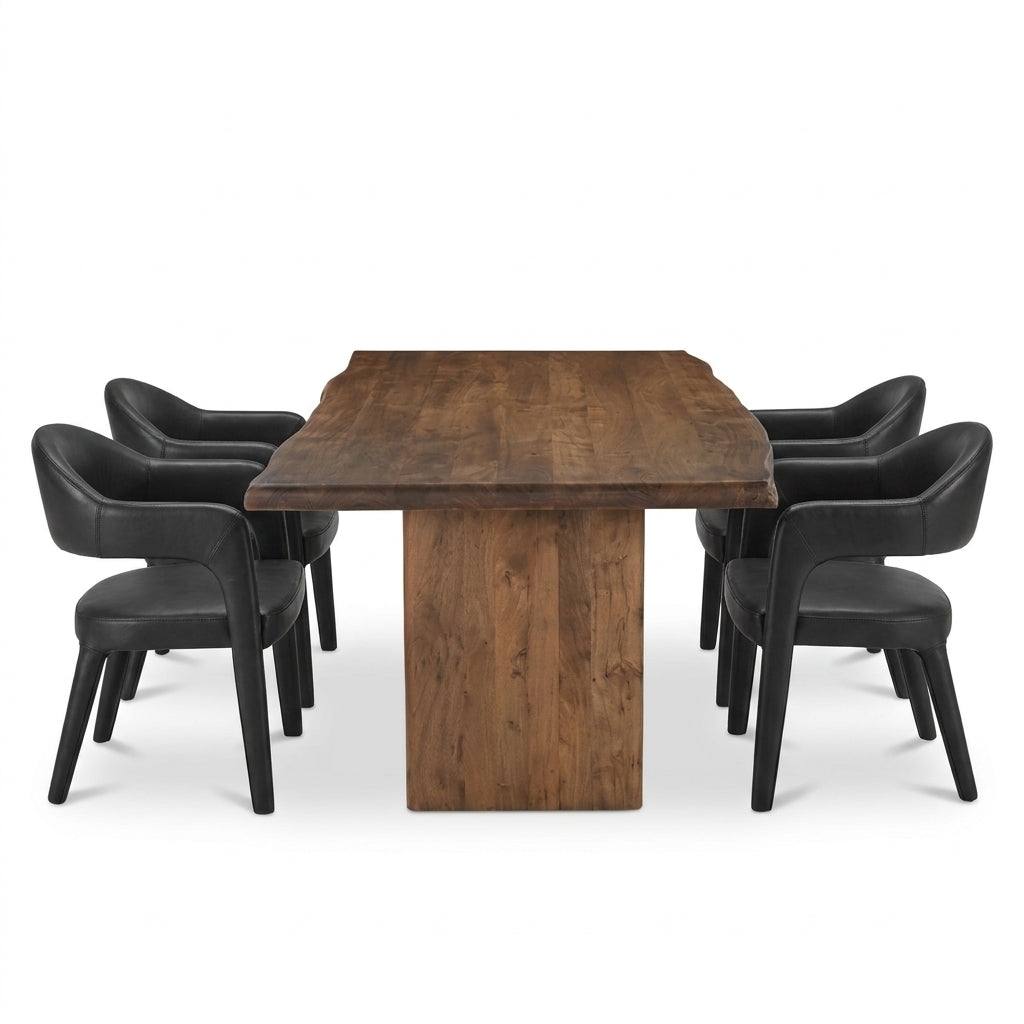 A rectangular wooden dining table with a thick pedestal base, surrounded by six black upholstered chairs on a clean white background.