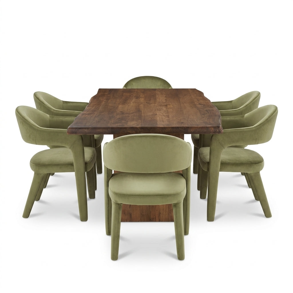A dining set featuring a rectangular wooden table with a rustic live-edge top and six upholstered chairs in a muted sage green velvet fabric, shown on a solid white background.
