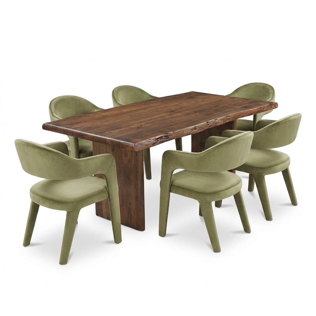 A rustic live-edge wooden dining table with six upholstered chairs in a muted sage green color, shown on a clean white background.