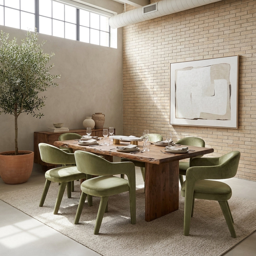 A dining room scene with a rectangular wooden dining table surrounded by six upholstered chairs in a muted sage green. The room features a textured beige plaster wall, a brick accent wall with a large abstract painting, a potted olive tree, and a large light-colored area rug.