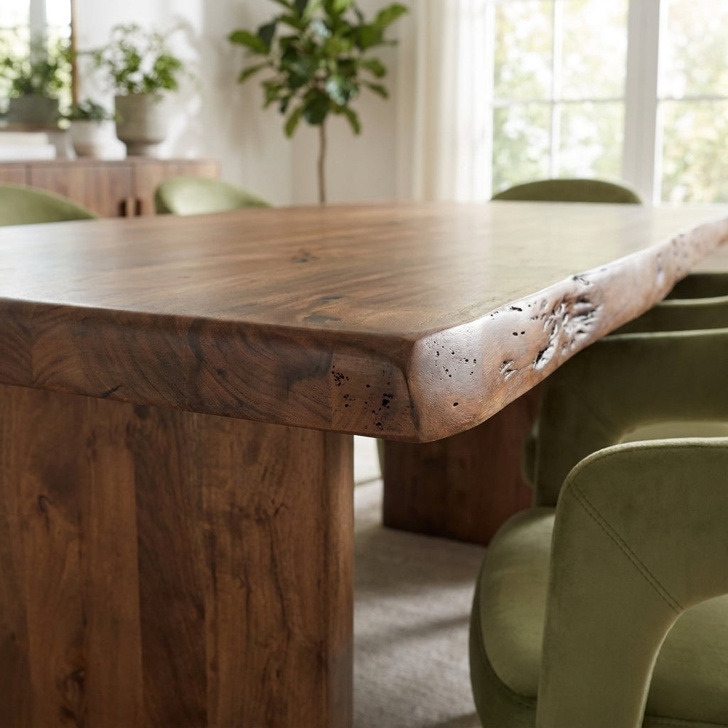 A rustic live-edge wooden dining table with a thick slab top and block pedestal base, shown in a bright dining room with green chairs and plants.
