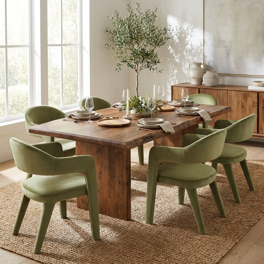 A rustic wooden dining table set with six sage green upholstered chairs in a bright, modern dining room with large windows and a woven rug.