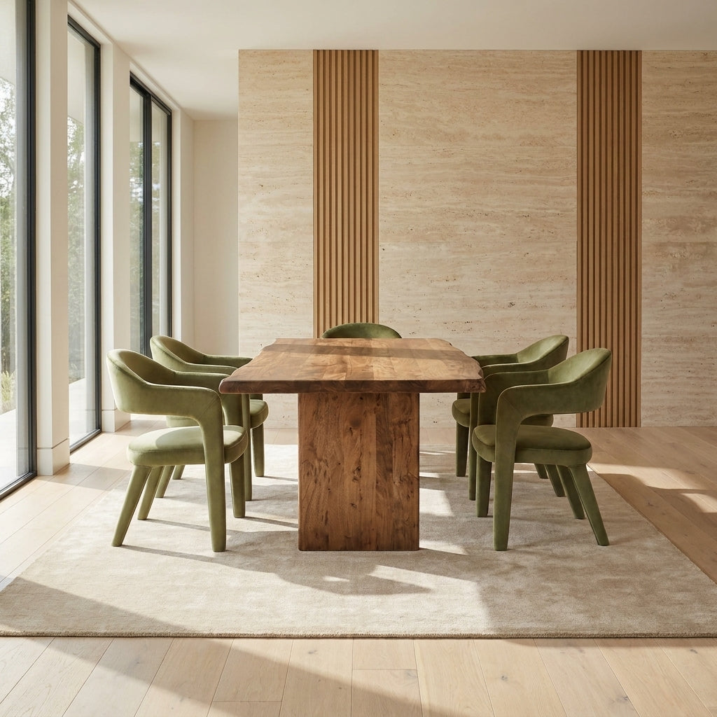A modern dining room setup featuring a rectangular rustic wooden table surrounded by six olive green upholstered chairs, set on a light beige rug in front of a textured beige wall with vertical wood slats.