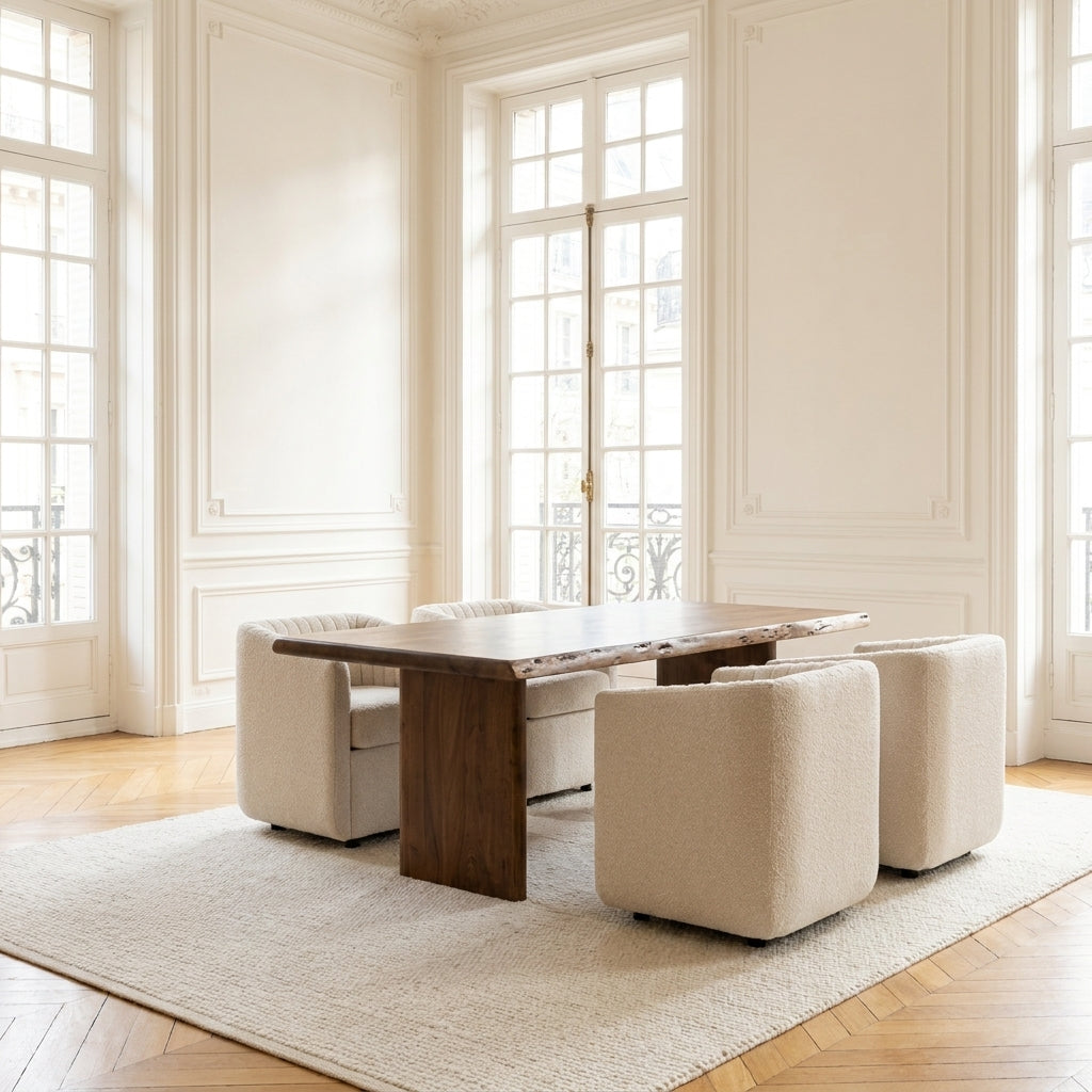 A modern dining set featuring a rectangular dark wood table and four matching cream bouclé armchairs, arranged on a light beige rug in a bright, classic French-chic dining room with high windows and wood floors.