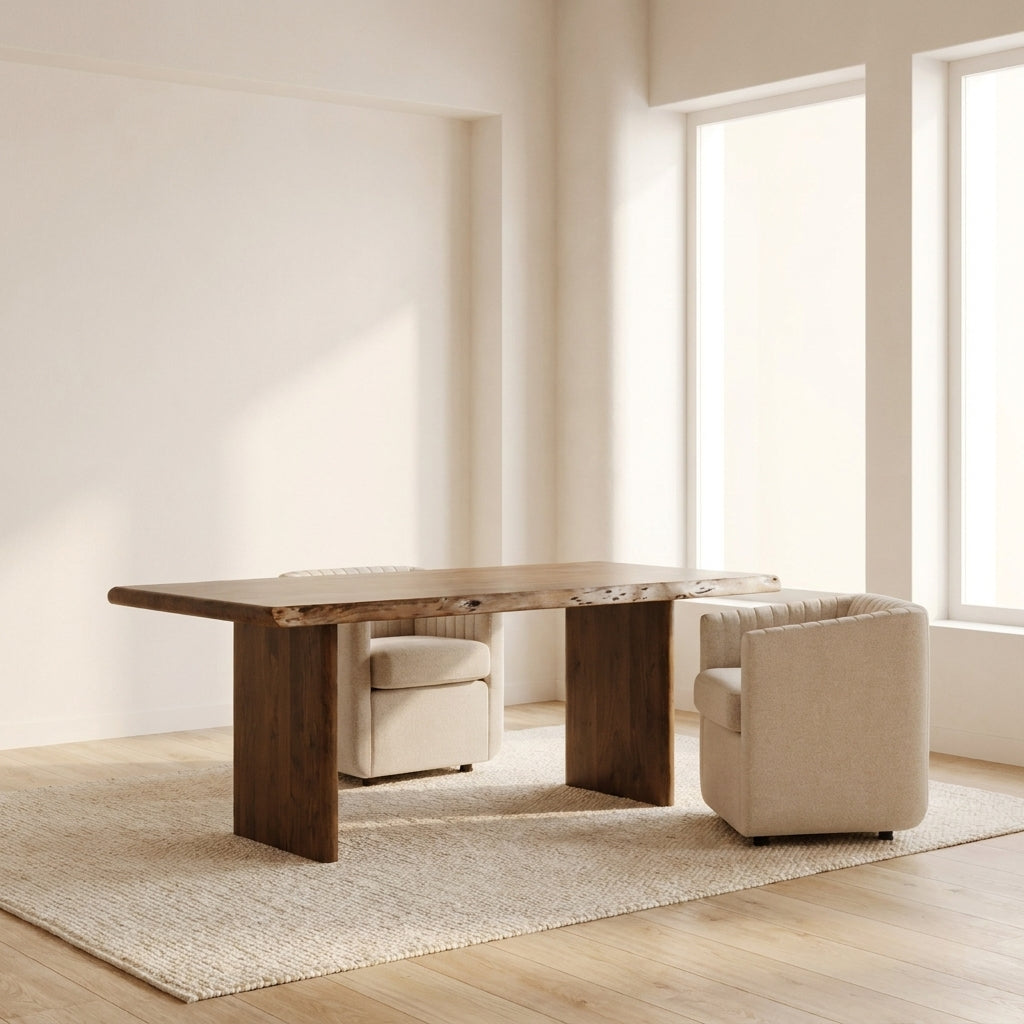 A rectangular wooden dining table with a live-edge top and thick block legs, styled in a bright, minimalist room with two cream upholstered armchairs and a light rug.