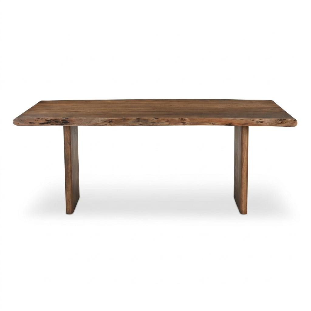 A rustic live-edge wooden dining table with a medium brown finish and two block-style legs, shown on a plain white background.
