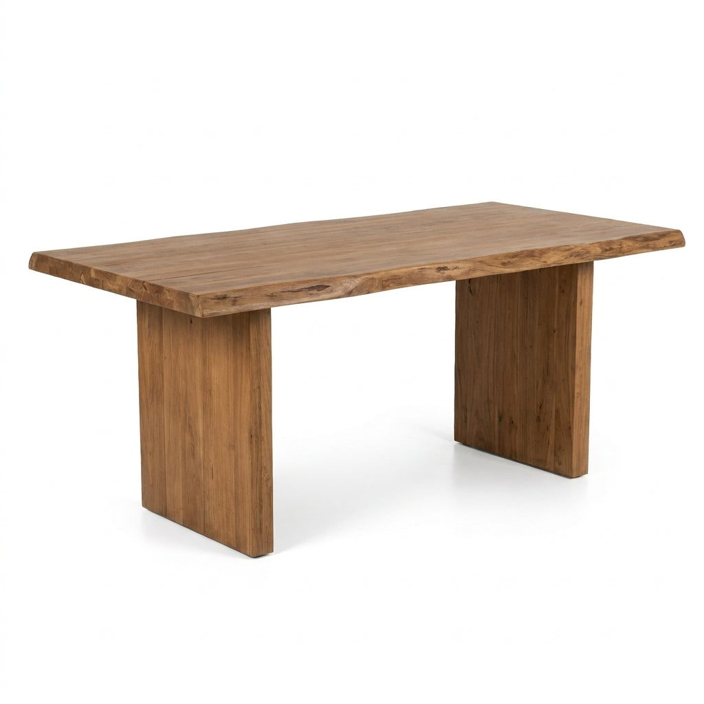 A rustic live-edge wooden dining table with a warm medium-brown finish and thick block-style legs, shown on a clean white background.