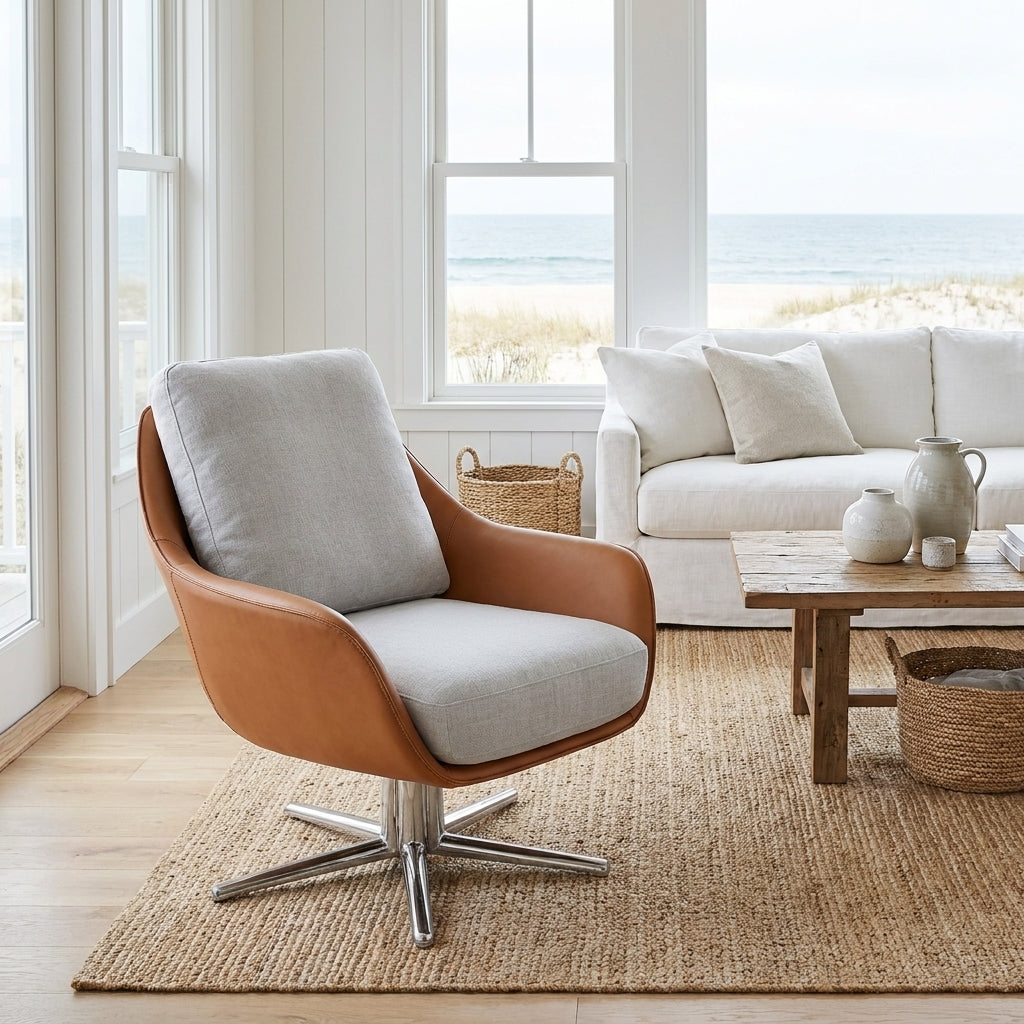 Modern living room with a brown chair, white sofa, and wooden coffee table.