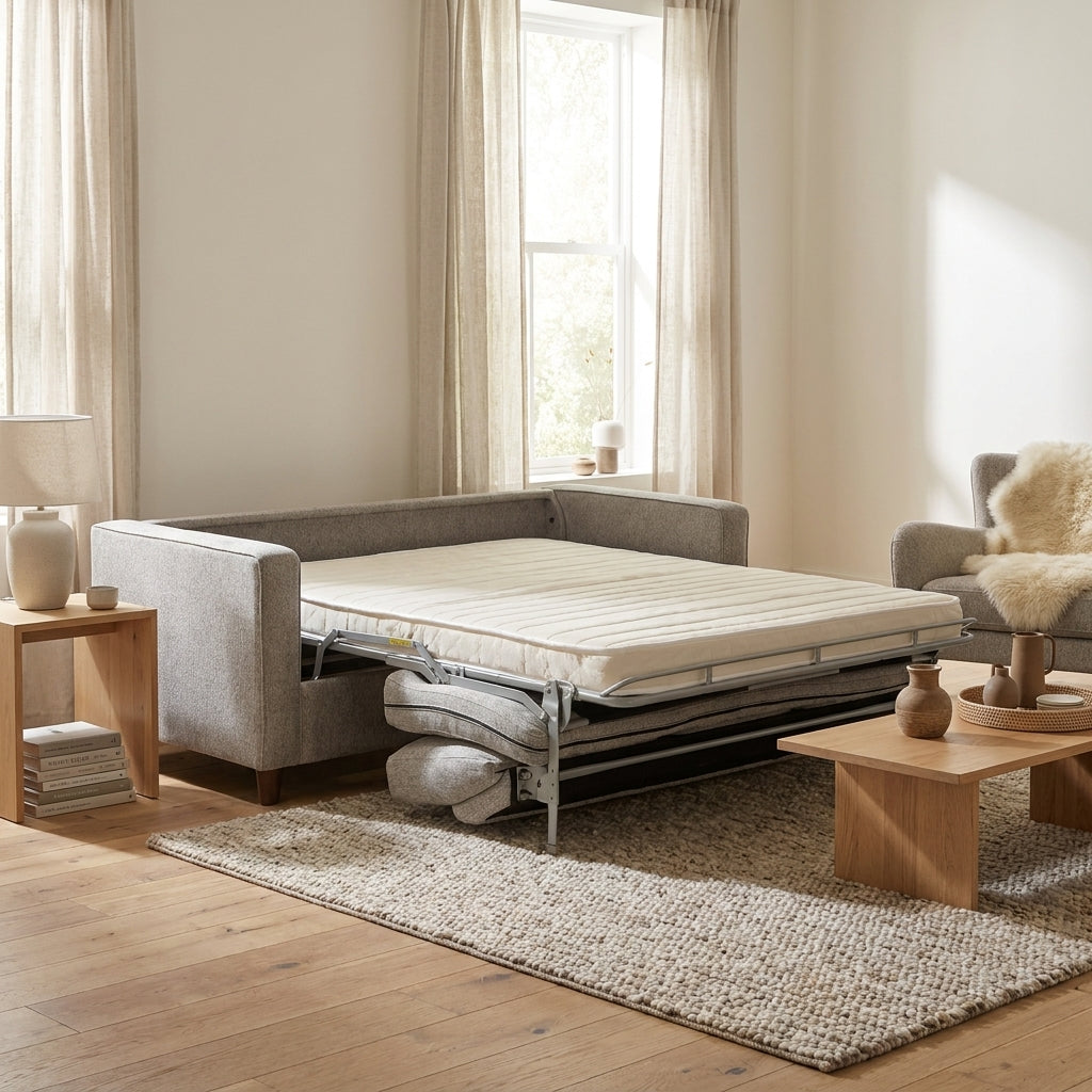 A gray upholstered sleeper sofa in a bright, modern living room, shown with its mattress pulled out. The room features light wood floors, a textured beige rug, a wooden side table with a lamp, and a window with sheer curtains.