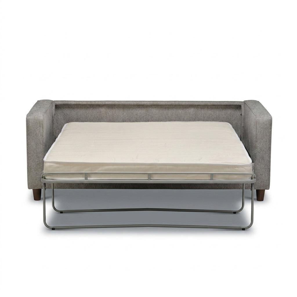 A gray upholstered sofa bed with a pull-out mattress on a metal frame, shown against a plain white background.