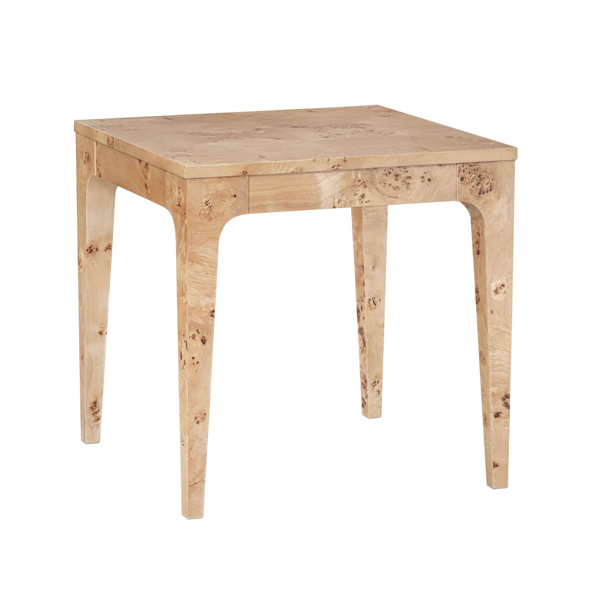 Marlow Side Table in Light Burl, front view, mappa burl veneer