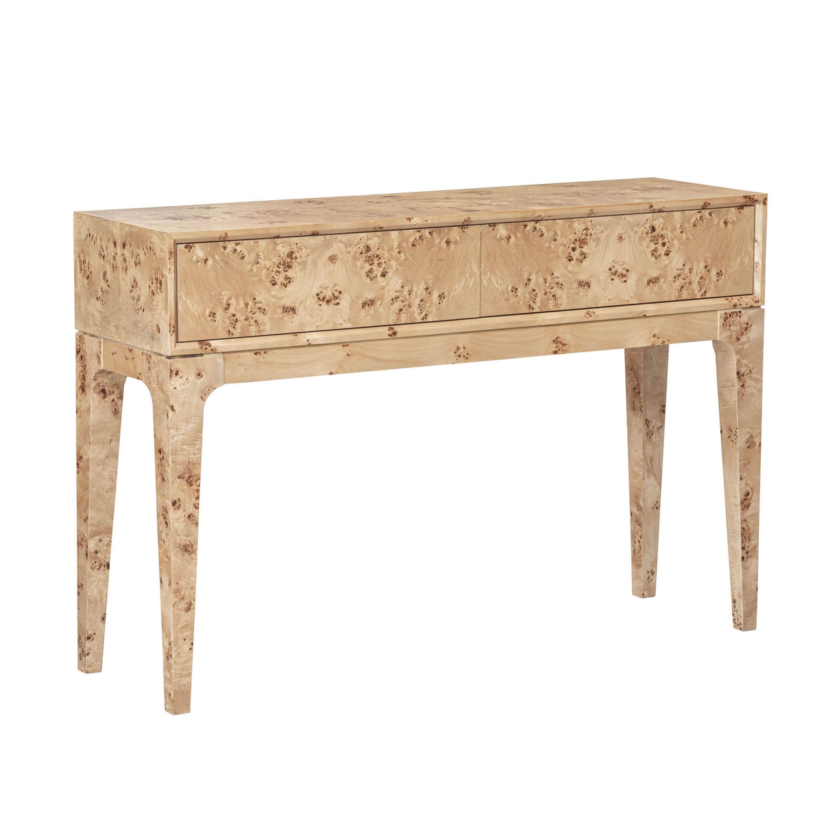 Marlow Console Table in Light Burl, front view, mappa burl veneer