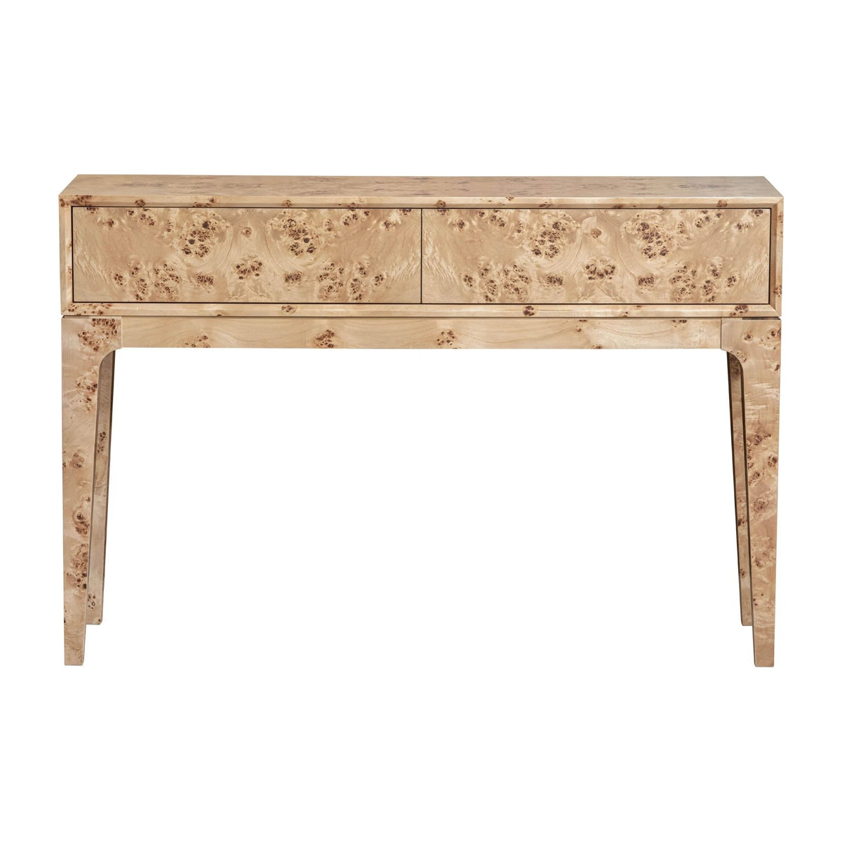 Marlow Console Table in Light Burl, three-quarter view