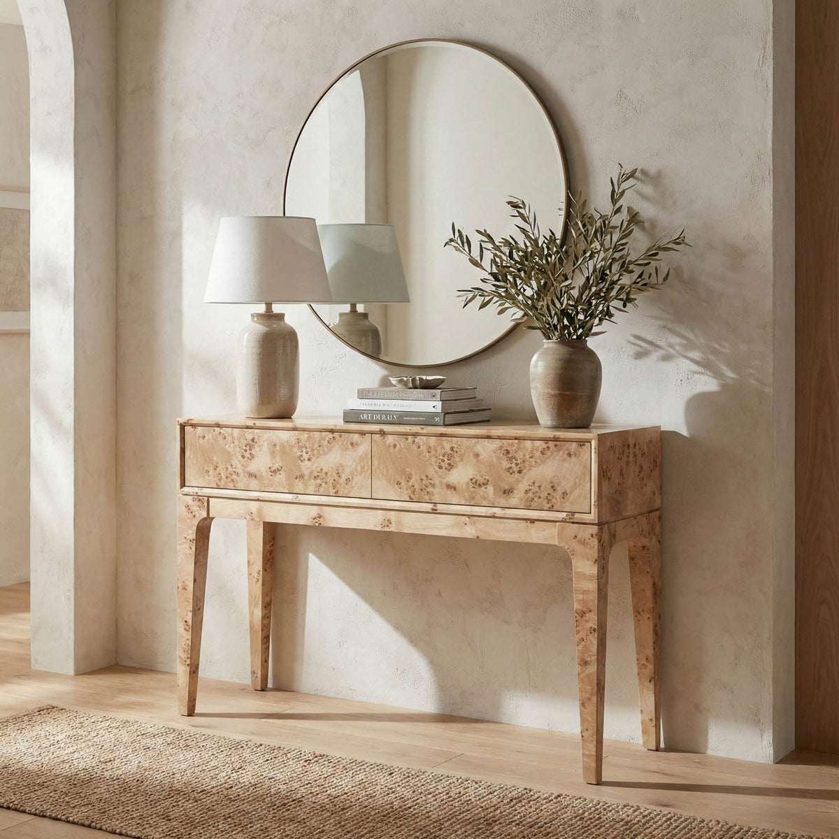 Marlow Console Table in Light Burl, styled in a living room, view 2