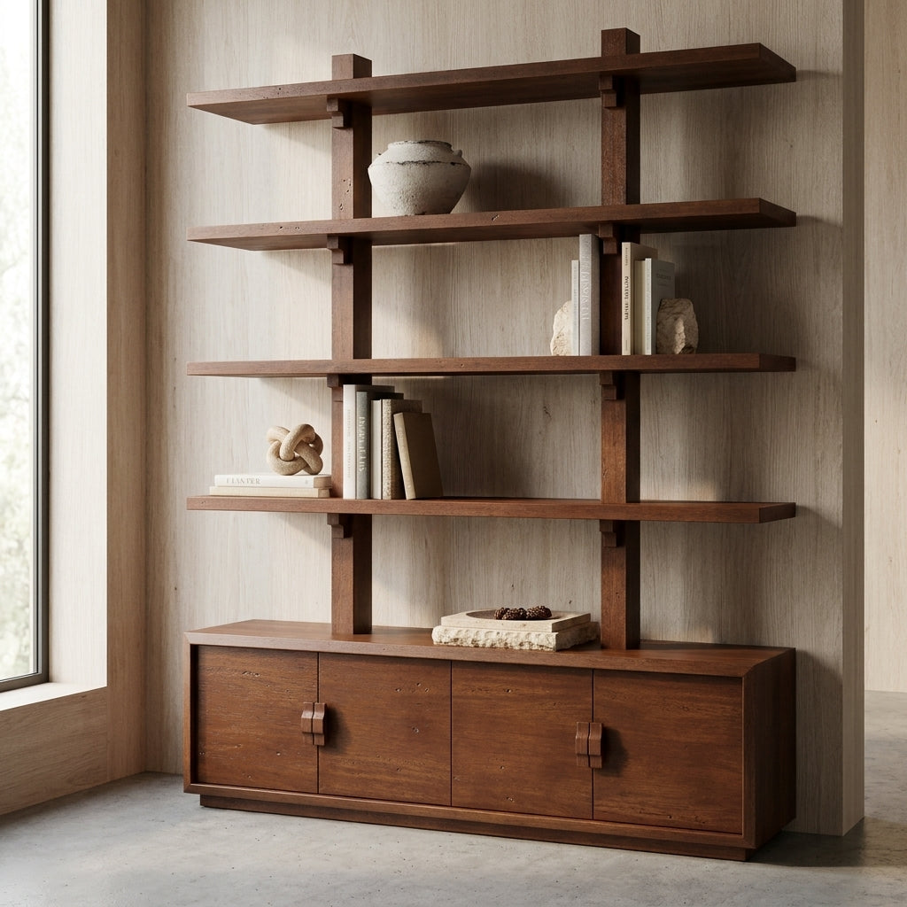 Wooden bookshelf with decorative items against a neutral wall.