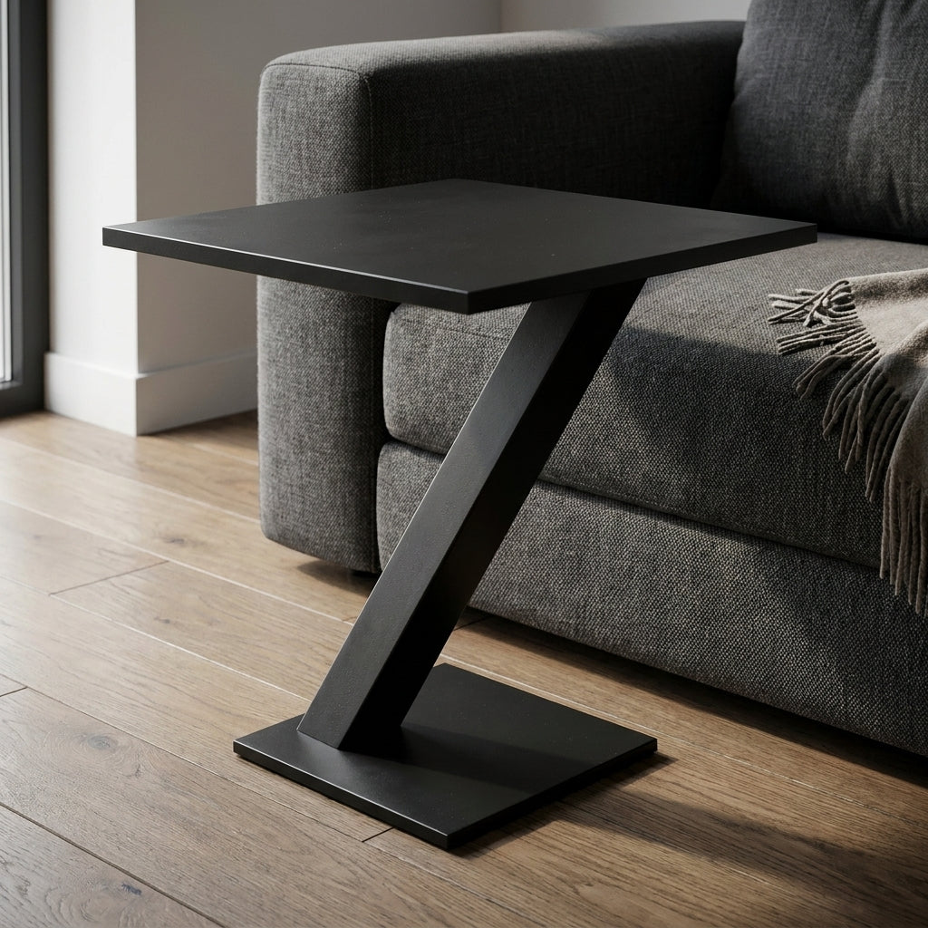Black side table next to a gray sofa with a wooden floor.