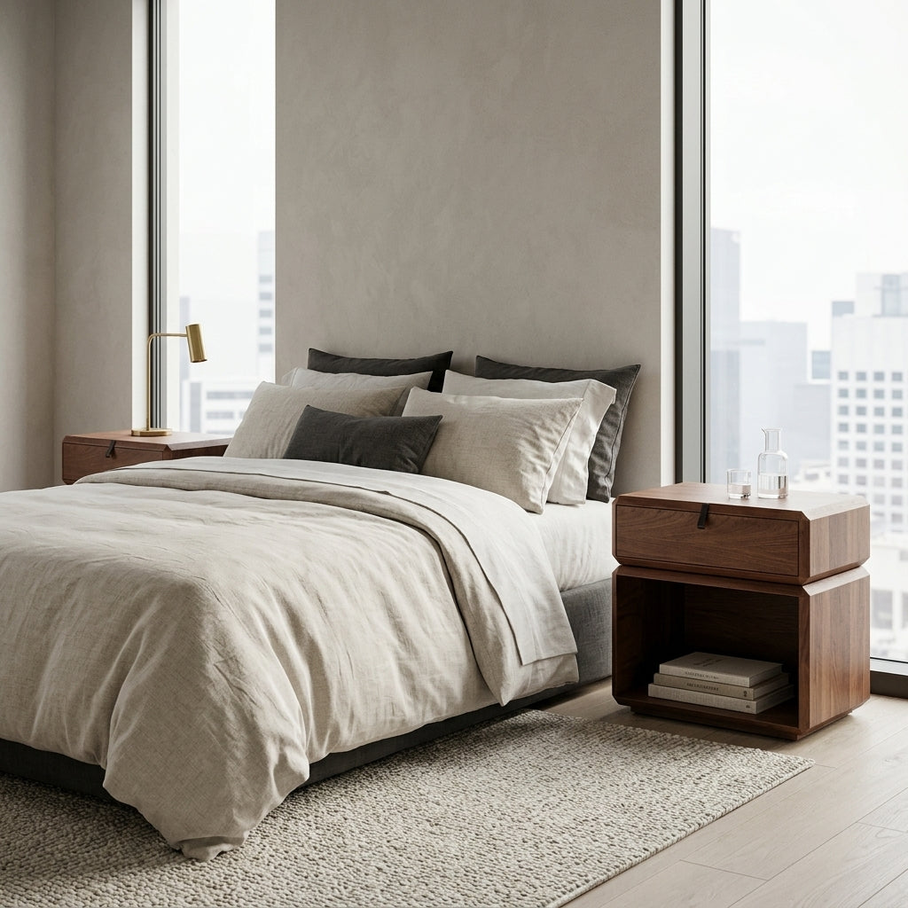 Modern bedroom with a bed, nightstands, and large windows.