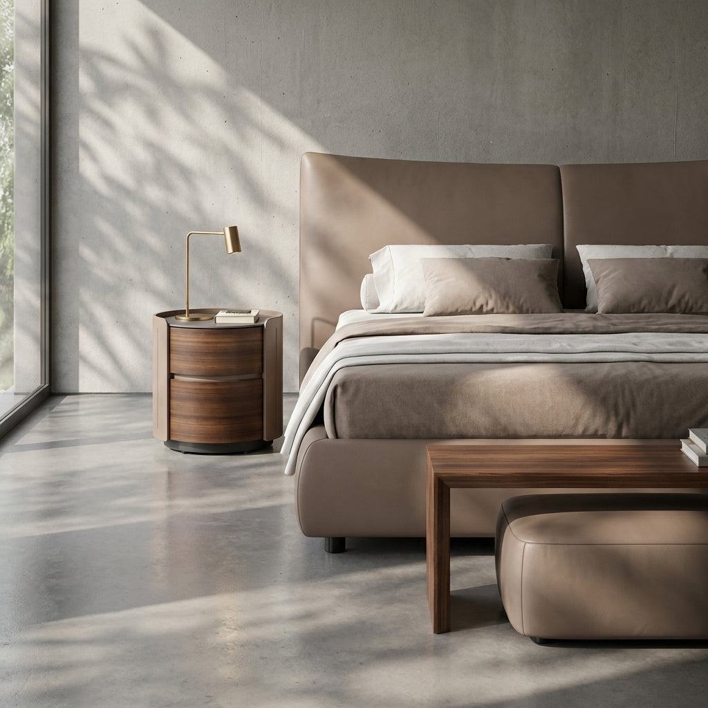 Modern bedroom with a bed, nightstand, and side table in a minimalistic setting.