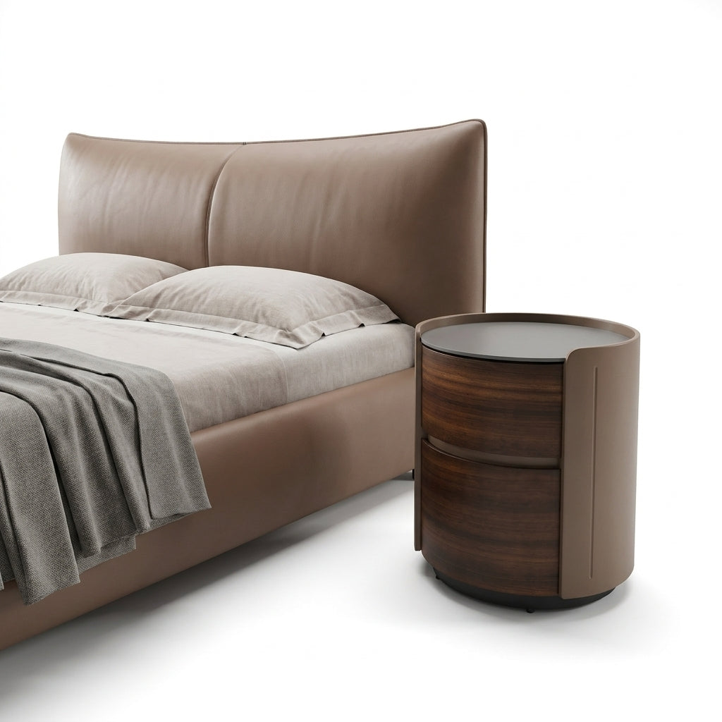 Modern bed with brown headboard and beige bedding on a white background
