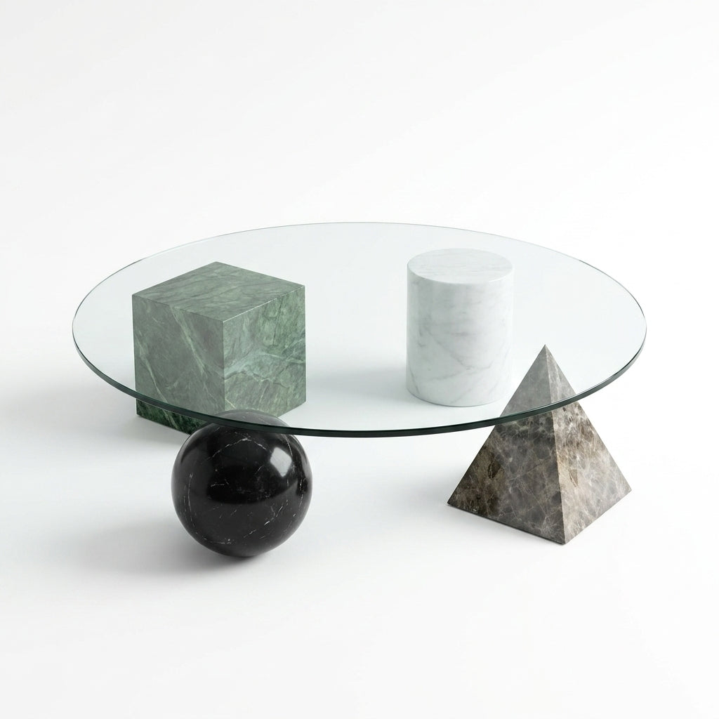 Glass coffee table with marble cube, sphere, and pyramid on a white background