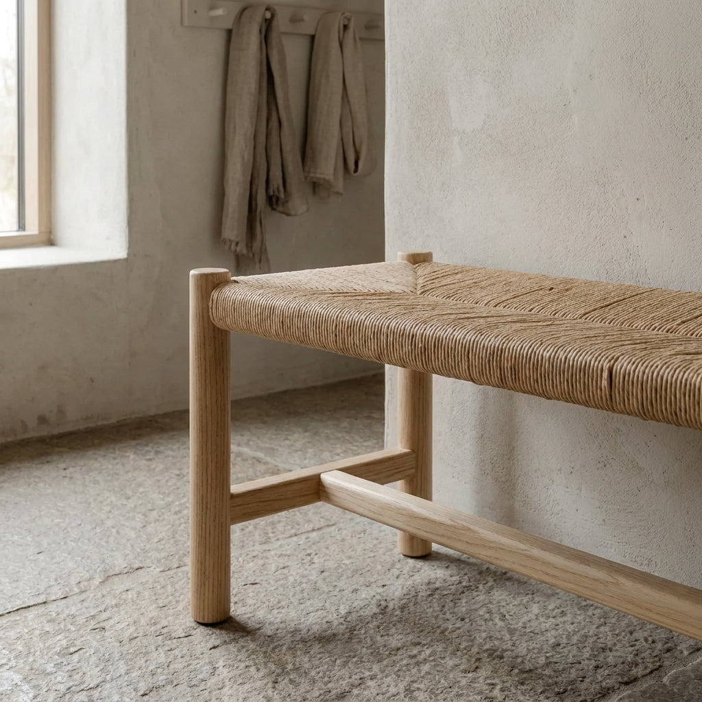 A light natural wood bench with a woven rope seat, positioned in a rustic room with concrete walls and floor.