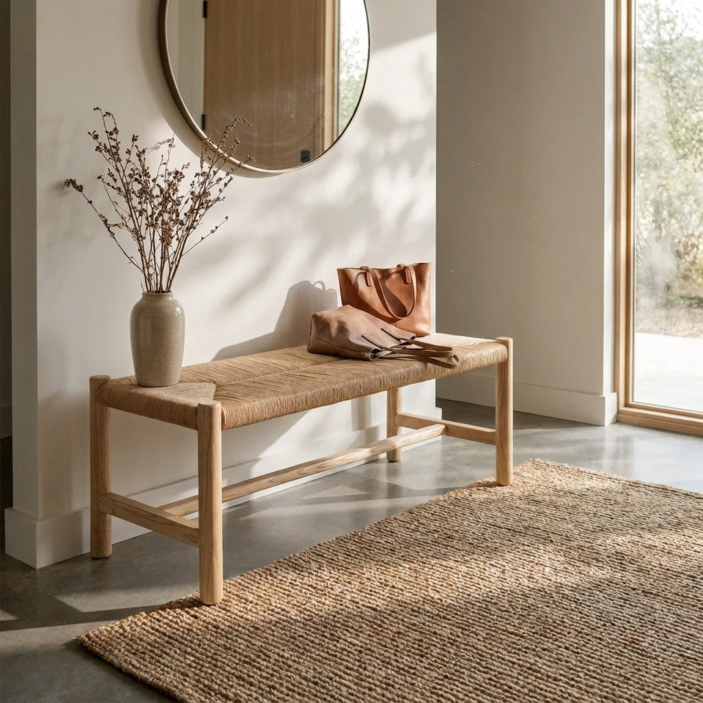 A light natural wood entryway bench with a woven straw seat, styled in a bright room with a beige vase of dried branches, a brown leather tote bag, and a large woven rug on the floor.