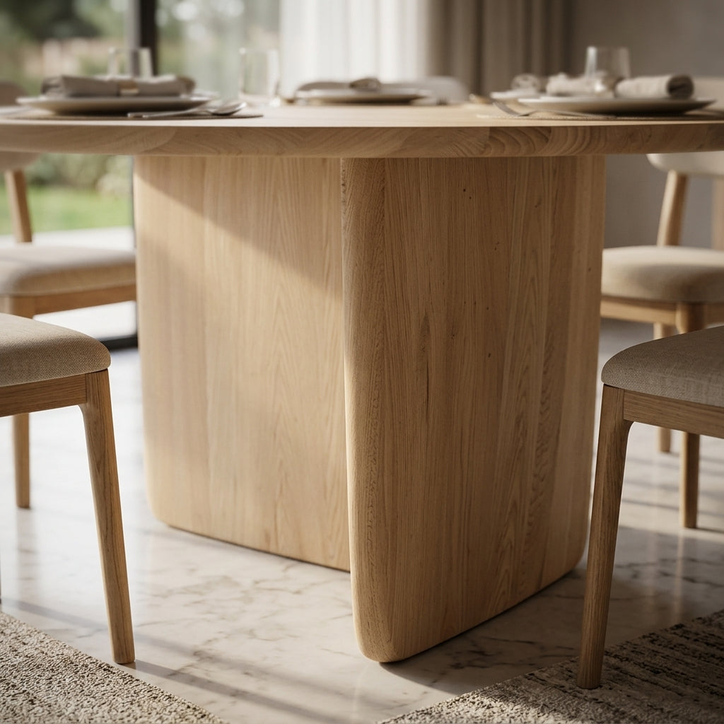 Wooden dining table with chairs in a bright room