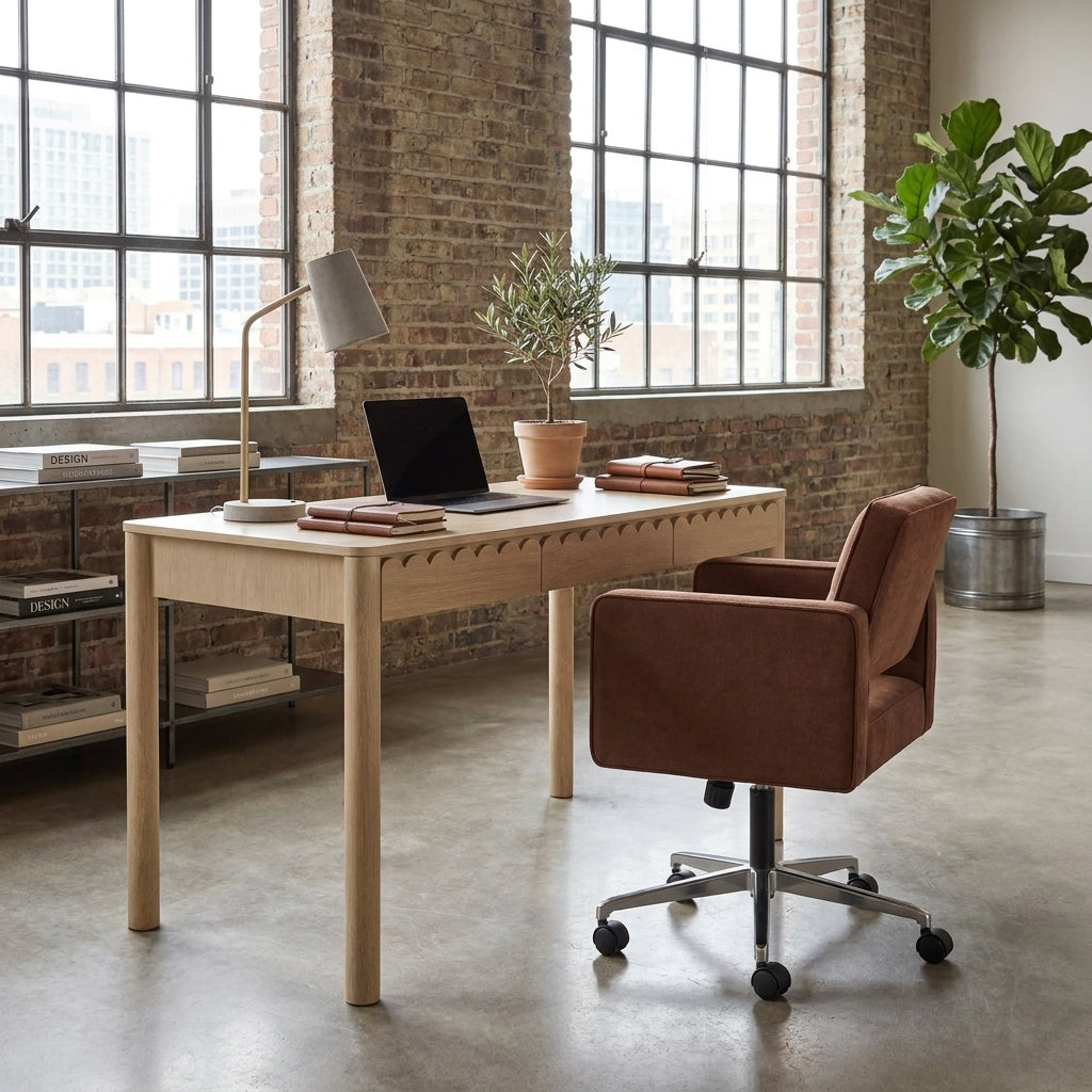 A modern home office setup featuring a light oak wood writing desk with a slatted top, paired with a brown velvet swivel office chair. The desk is styled with a laptop, books, a potted plant, and a brass desk lamp, set against a brick wall and large industrial windows.