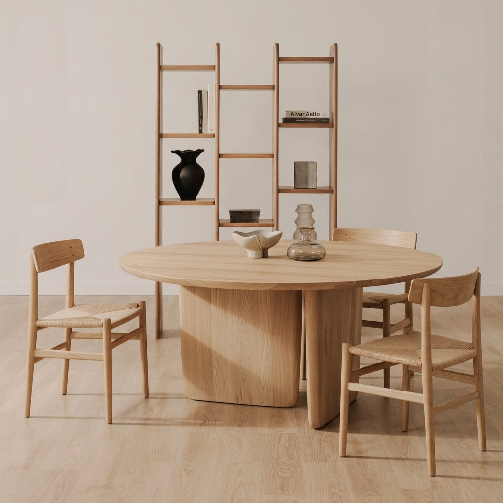 Wooden dining table with chairs in a minimalistic room