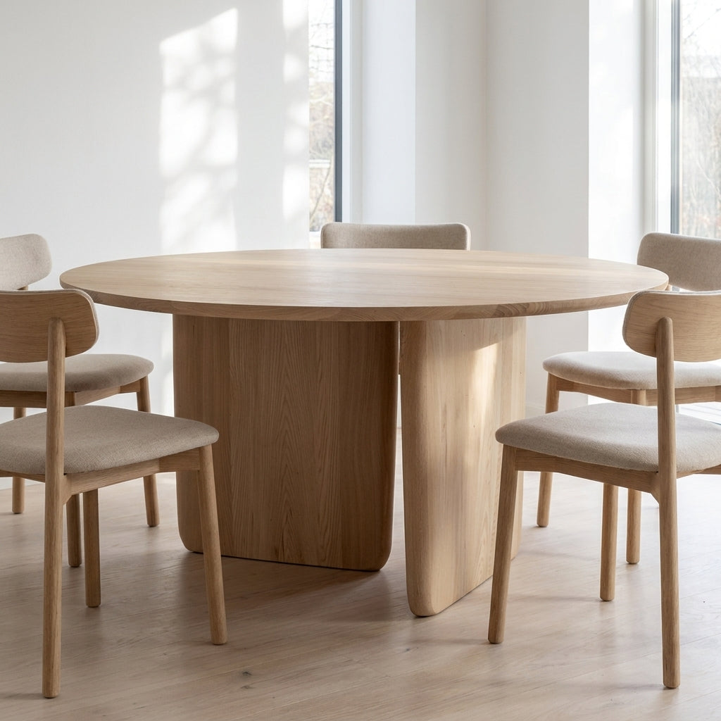 Wooden dining table with chairs in a bright room