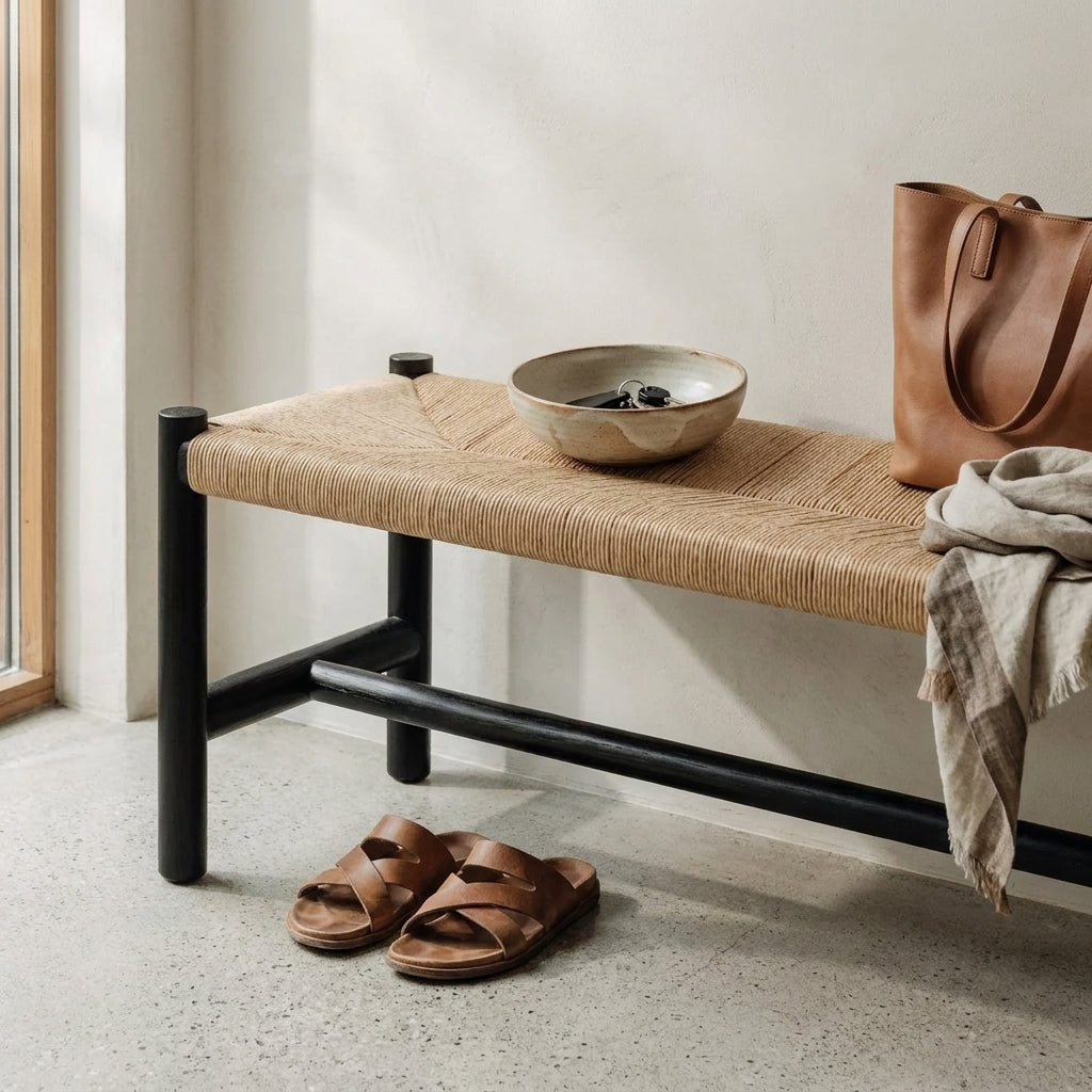 A woven natural-fiber bench with black metal legs sits in a bright entryway. A brown leather tote bag rests on the right side, a folded cream throw sits beside it, and a pair of brown slide sandals is placed on the floor.