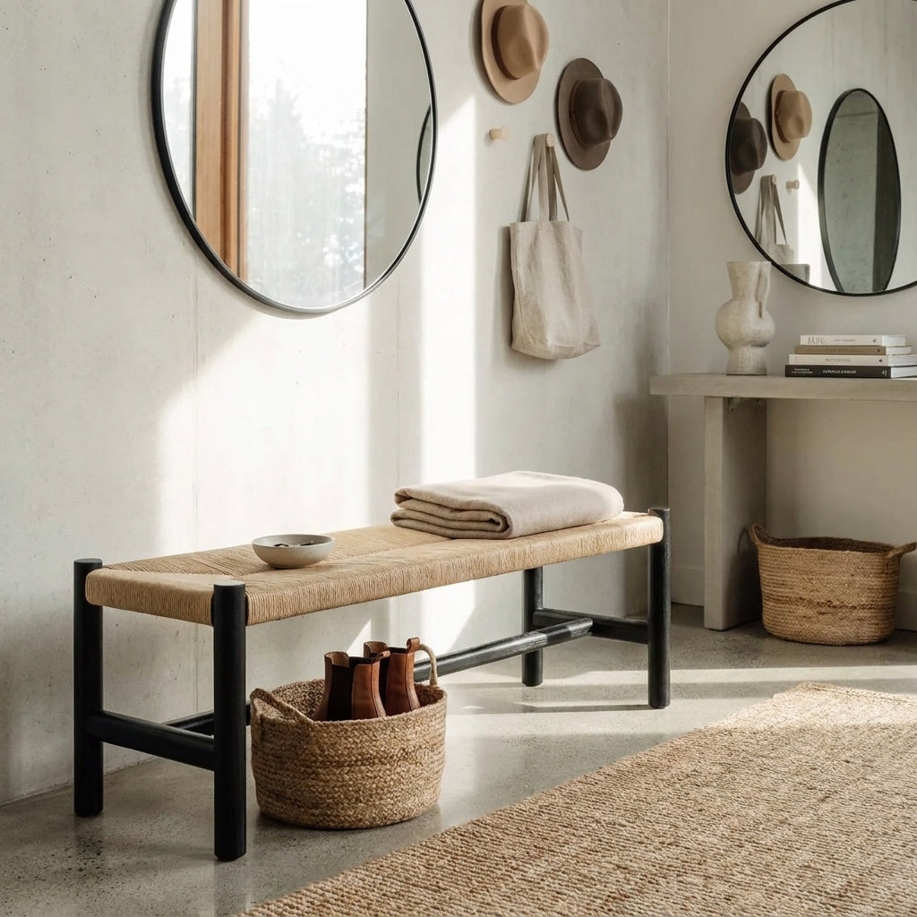 A woven bench with black metal legs sits in a bright, modern entryway. A folded cream throw blanket and a small bowl rest on the seat, with a woven basket underneath holding brown leather bottles.