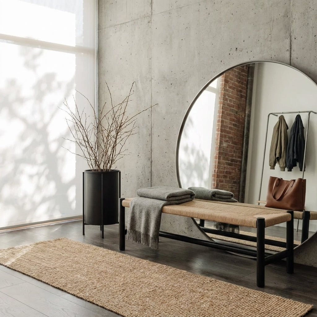 A modern woven bench with a large round back mirror, styled in a minimalist concrete-walled room with a jute rug, black planter, and a brown leather bag.