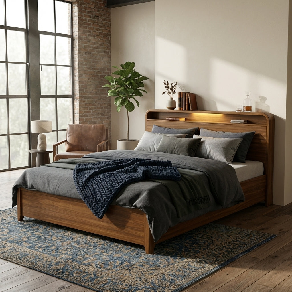 Bedroom with wooden bed, gray bedding, and a plant on a brick wall.