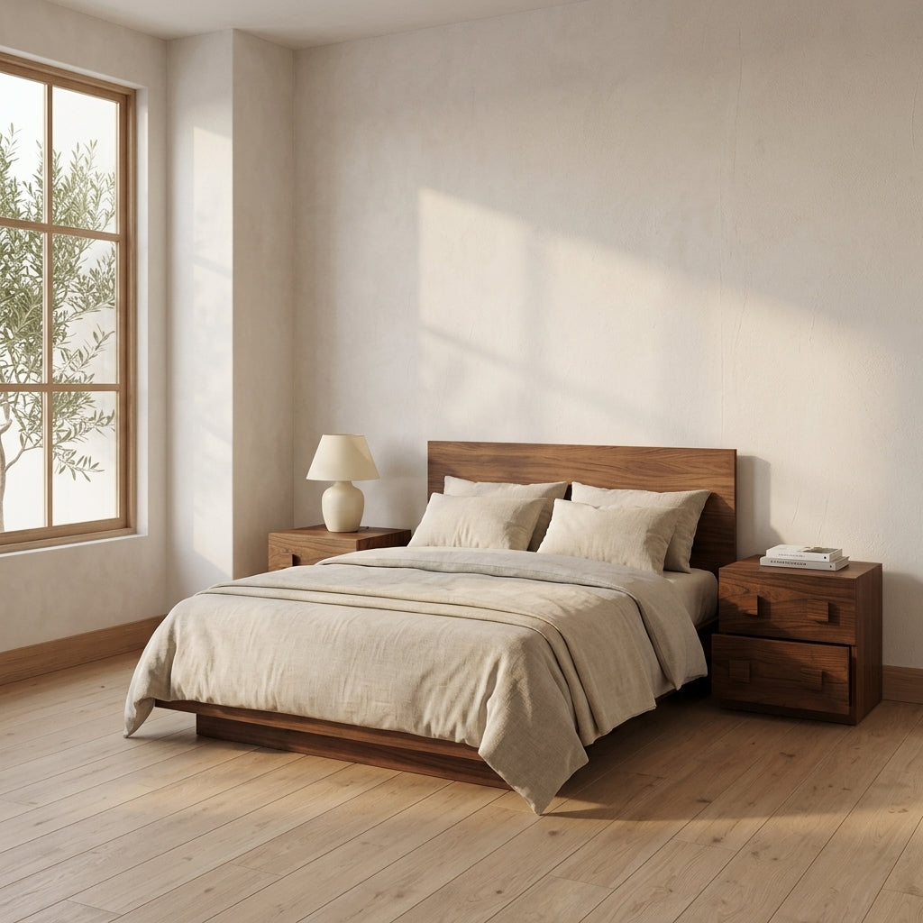 Bedroom with wooden bed and nightstands, natural light from window.
