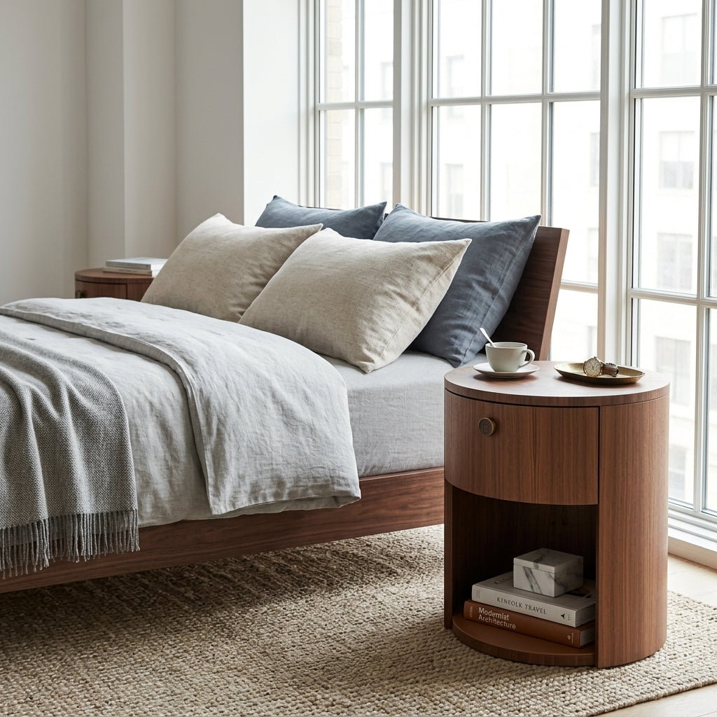 Wooden bed with pillows and a round wooden nightstand in a bright bedroom.