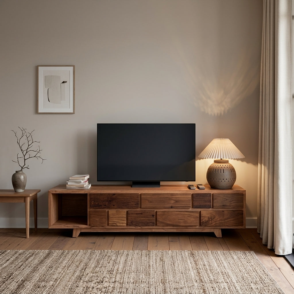 Wooden TV stand with a television in a living room setting.