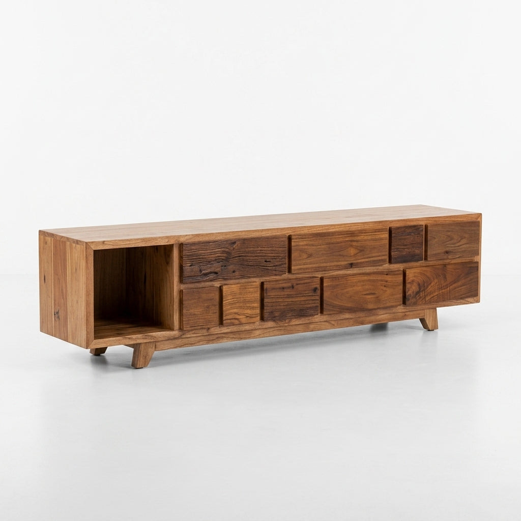 Wooden TV stand with multiple drawers on a white background