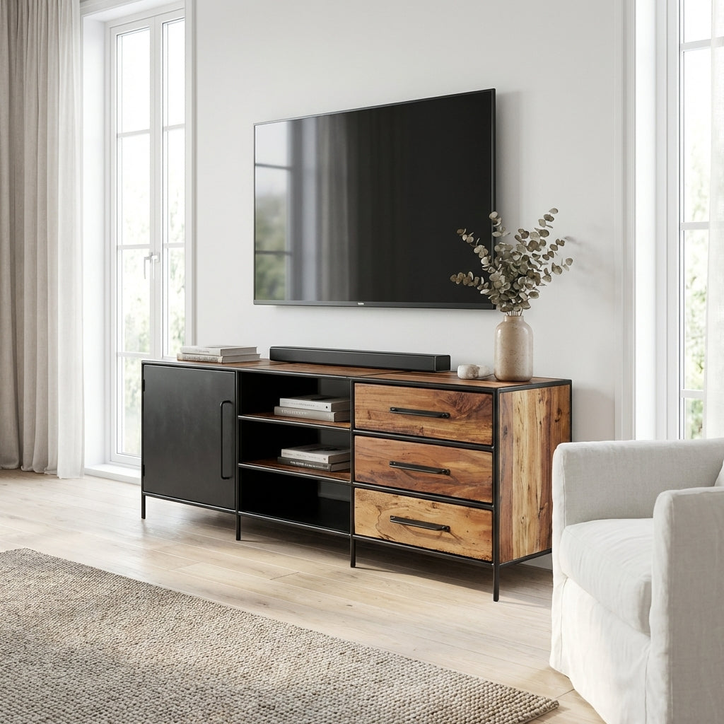 Wooden TV stand with black accents in a living room setting.