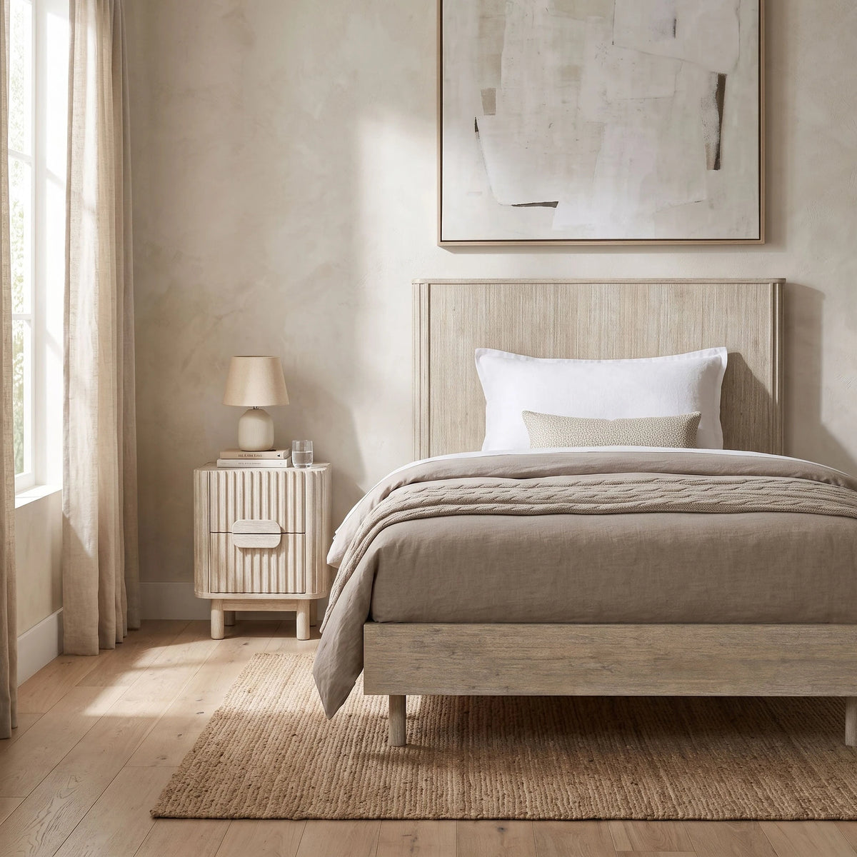 Ostend Single Bed in Natural White Washed, front view, solid acacia wood, view 2