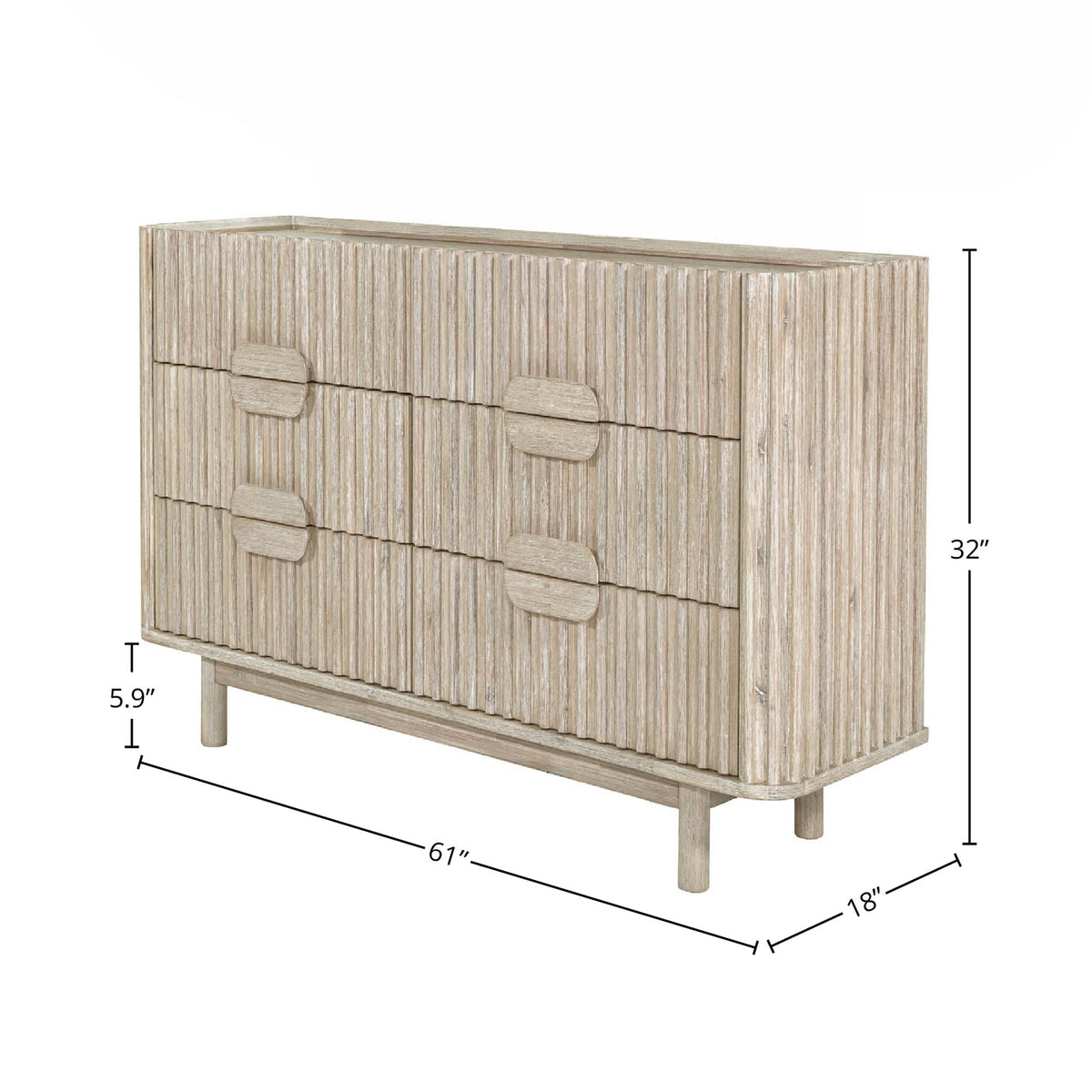 Ostend 6 Drawer Dresser in Natural White Washed, dimensions diagram 61" x 17¾"