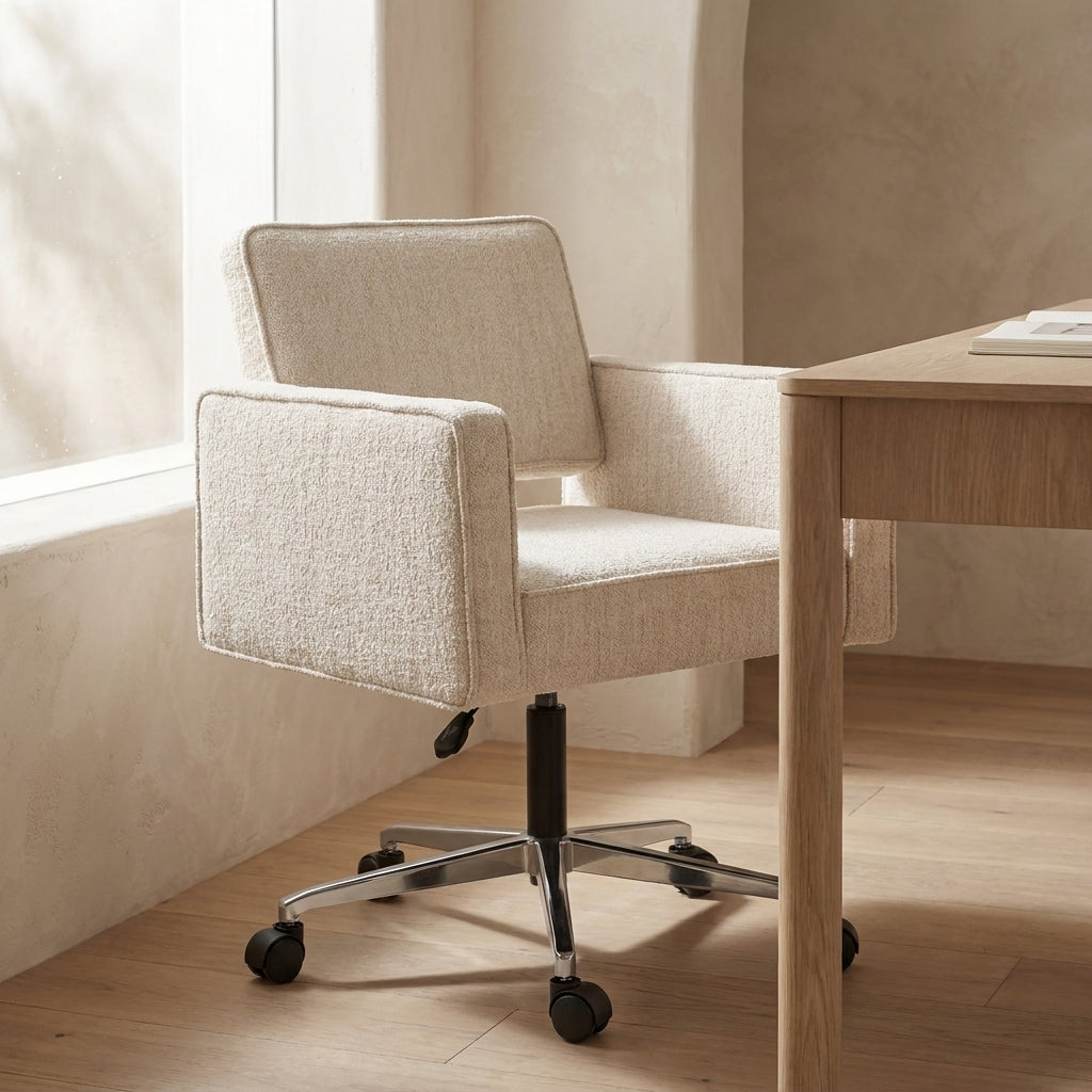 A modern upholstered office chair in a light beige textured fabric, positioned next to a light wood desk in a warm, minimalist room with beige walls and light wood flooring.