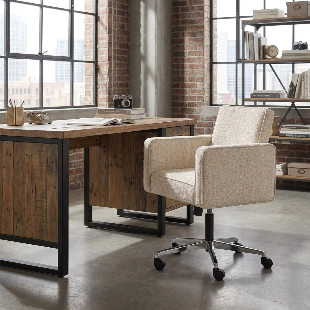 A modern upholstered office chair in a light beige textured fabric with a black swivel base and casters, positioned next to a rustic wooden desk in a loft-style office with brick columns and large windows.
