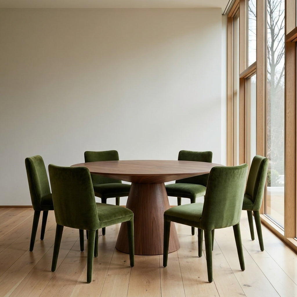 A round wooden dining table surrounded by six green upholstered chairs in a bright, modern dining room with large windows and light wood flooring.