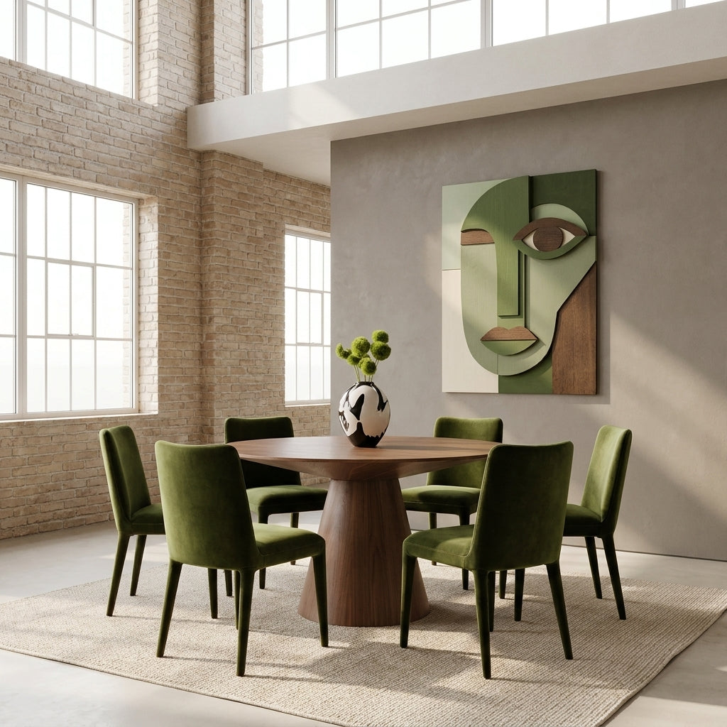A modern dining room scene featuring a round wooden table surrounded by six green velvet chairs, with a large abstract green face wall art piece hanging on the wall behind.