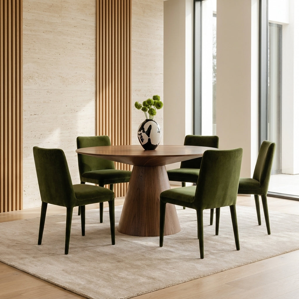 A modern dining set featuring a round wooden table and four olive green velvet chairs, arranged on a light beige rug in a contemporary dining room with wood slat walls and large windows.