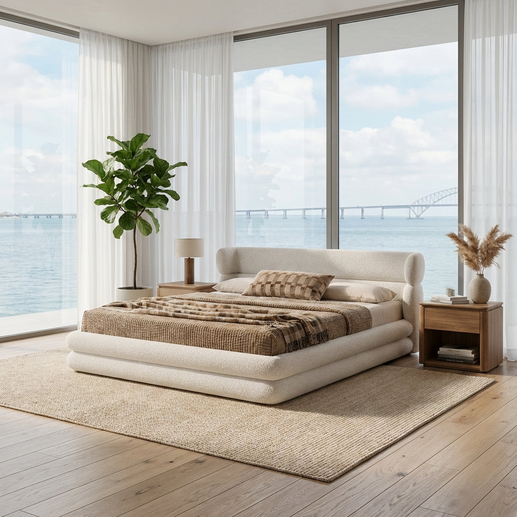 Modern bedroom with a large bed, side tables, and a view of water and sky.